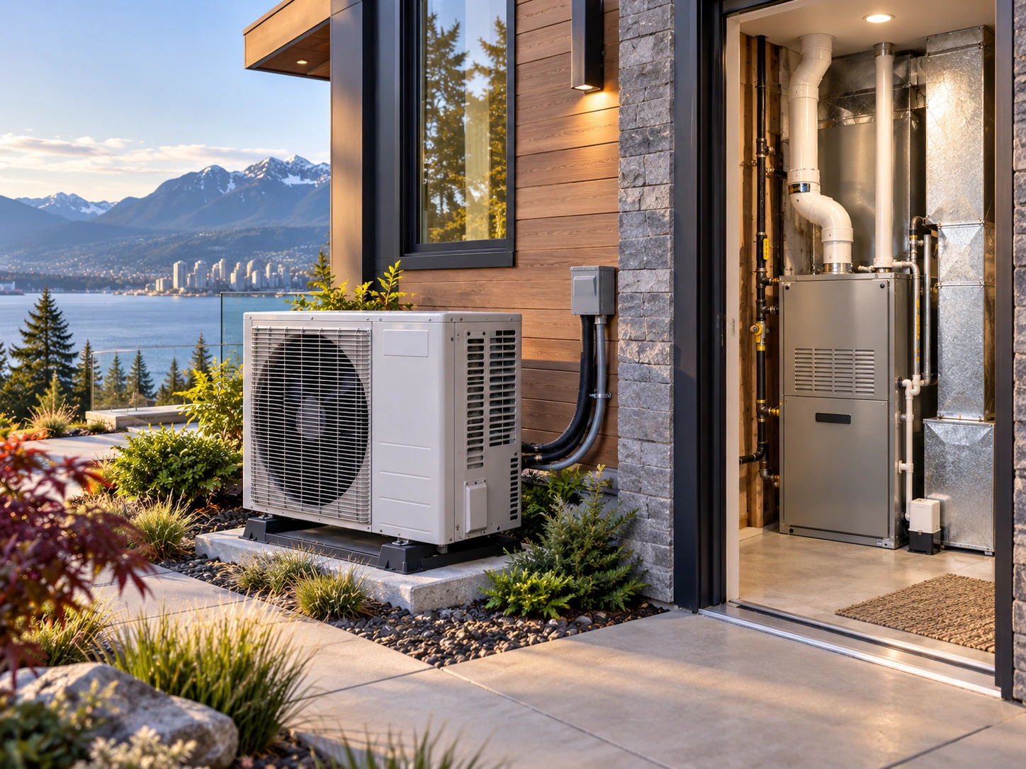 Illustrative high-efficiency gas furnace and outdoor heat pump at a luxury Vancouver-area home